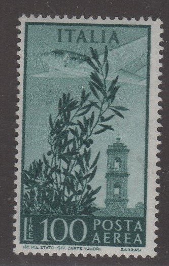 Repubblica Italiana 1952 - 100 lire Posta aerea con posizione di filigrana Ruota III SB - Sassone spec. n. 22