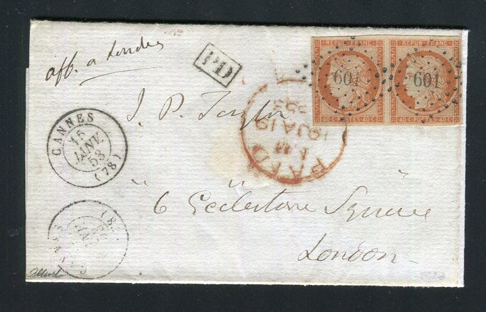 France 1871 - Rare letter from Cannes to London with a pair of No. 5, signed Calves.