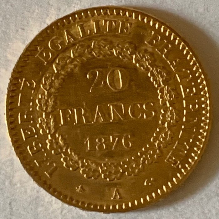 France. Third Republic (1870-1940). 20 Francs 1876-A Génie