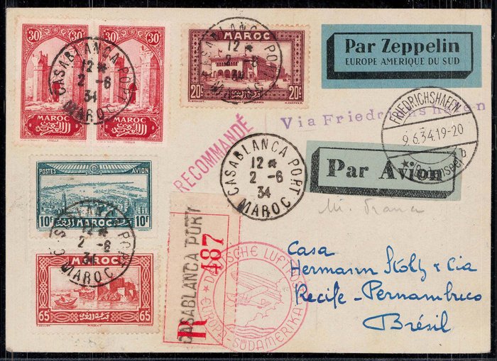 Morocco - Foreign post offices 1934 - Airship Graf Zeppelin 2. Southamericaflight Treaty Mail of the French post office in Morocco