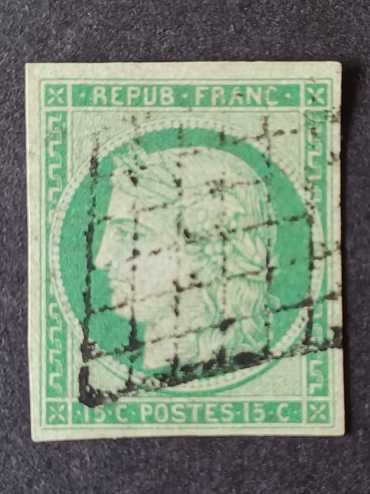 Frankrijk 1850 - No. 2, 15c green Ceres, grid cancellation, signed Calves - Yvert