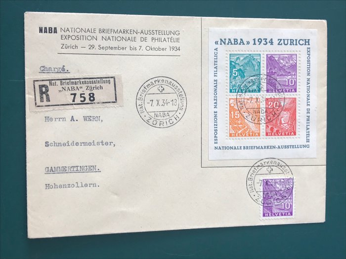 Switzerland 1934 - NABA block on a used registered charge cover - Michel blok 1