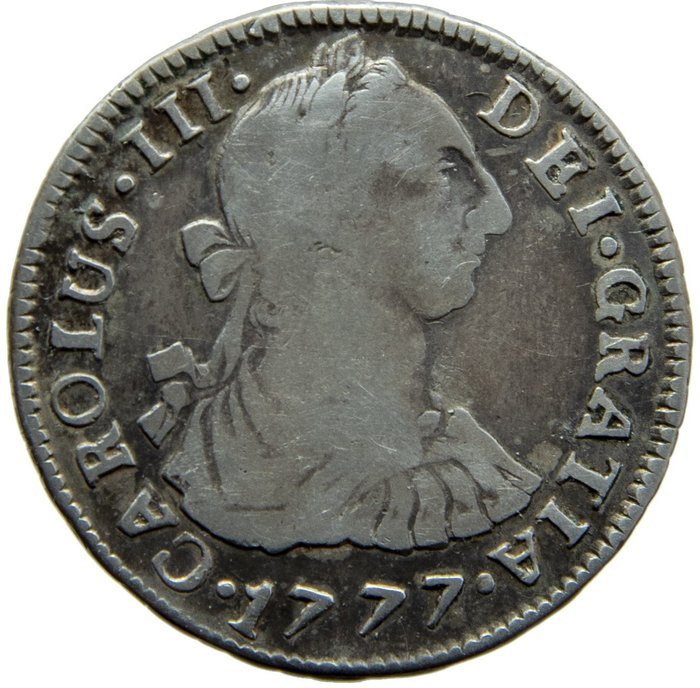 Bolivia, Kingdom of Spain. Carlos III (1759-1788). 2 Reales Acuñado en Potosí en el año 1777. Ensayador PR
