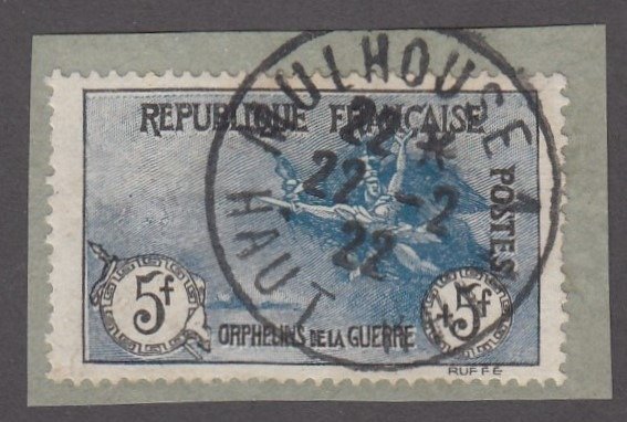 France - War orphans, 5 francs + 5 francs black and blue, cancelled, on fragment. - VF - Yvert n 155