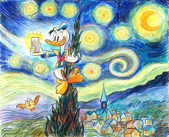 Donald Duck's Selfie inspired by Van Gogh's "The Starry Night" (1889) - Fine Art Giclée - Tony Fernandez Signed - Canvas - First edition