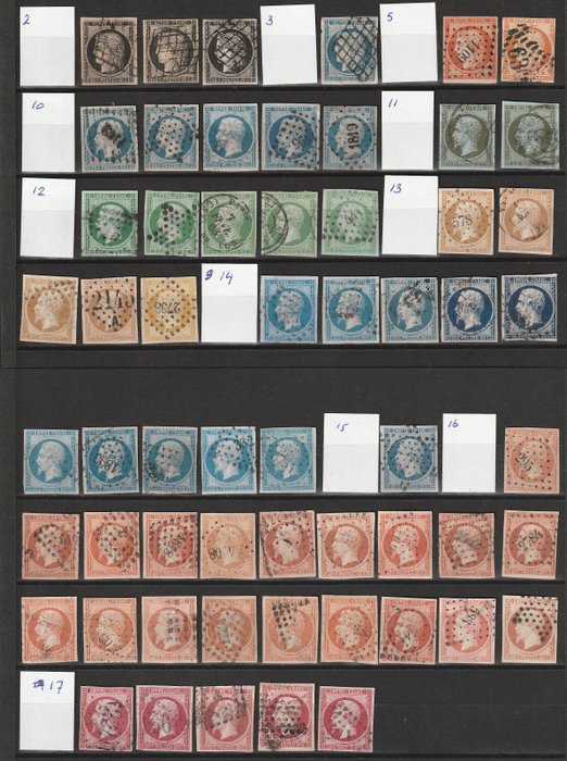 Frankreich 1849/1853 - Selection of the first imperforate issues on 2 large stock cards
