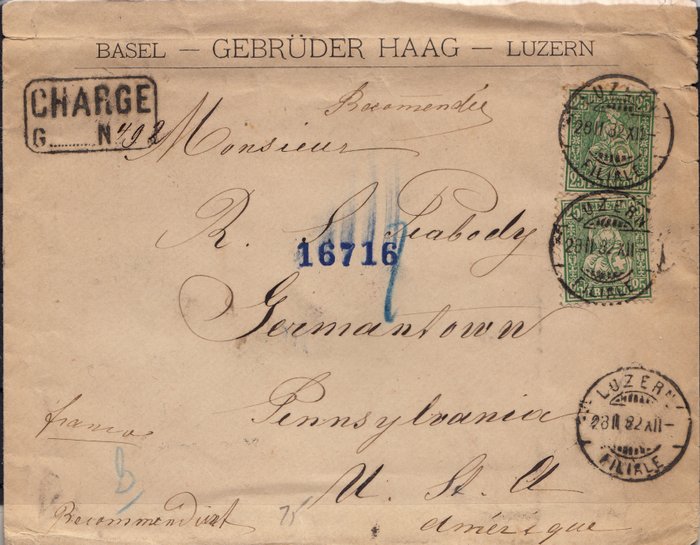 Zwitserland 1882/1882 - Letter with two 25 rappen, green, as “Chargé” letter, 1881, from Lucerne to Germantown