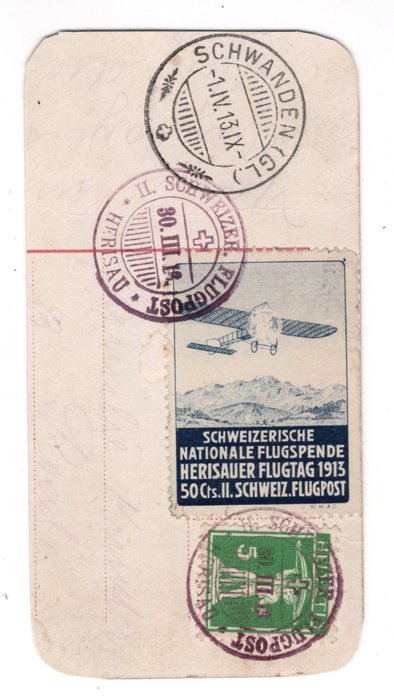 Zwitserland 1913 - Airmail precursor HERISAU on card cutout - SBK Nr. V   "Kein Mindestpreis"