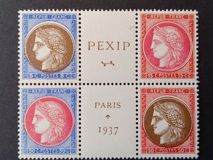 Frankrijk 1937 - Heart of block 3 PEXIP, with signed stamps. Adherent gum on 348 and 349. Otherwise very fresh - Yvert