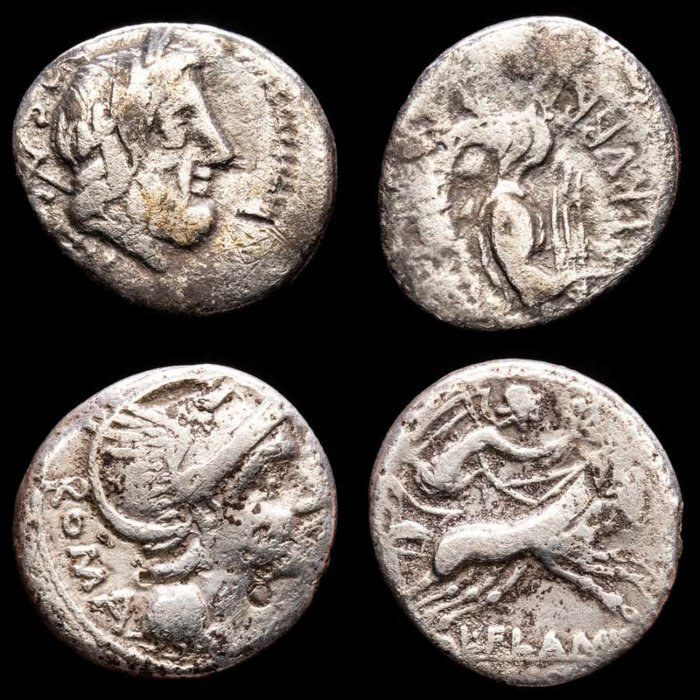 Roman Republic. Lucius Flaminius Chilo, 109-108 BC. and L. Rubrius Dossenus 87 BC. - Lot comprising two (2) silver coins Denarius and quinarius,  Rome mint - Victory driving biga /// Victory standing right, holding wreath and palm branch.