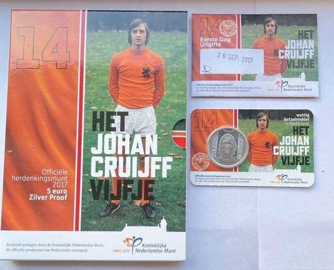 Nederland. 5 Euro 2017 - Het Johan Cruijff vijfje (3 munten. Incl.: Proof)