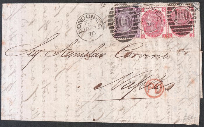 Great Britain 1870 - 3d rose pair and 6d dull violet on letter - Stanley Gibbons 108, 103, pl.5