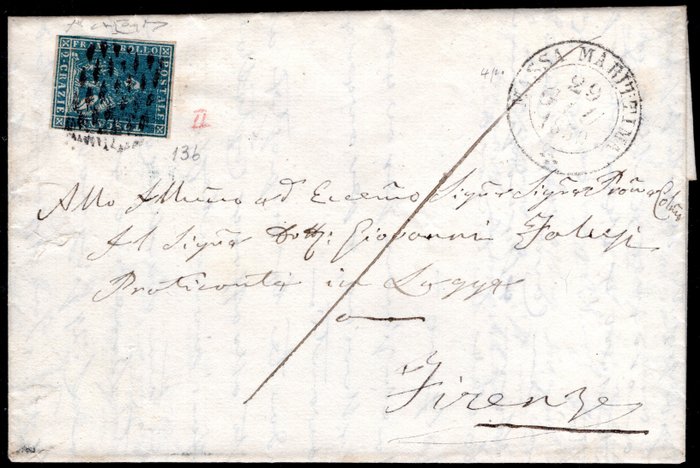 Italian Ancient States - Tuscany 1859 - 2 crazie on letter with text from Massa Marittima for Florence of 29 June 1859 - sassone n° 13b