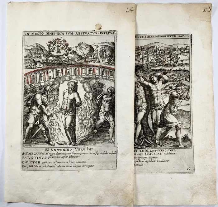 Lot of 2 engravings by Giovanni Battista Cavalieri (d.1597) - Quarto - Christian Martyrs - 1585
