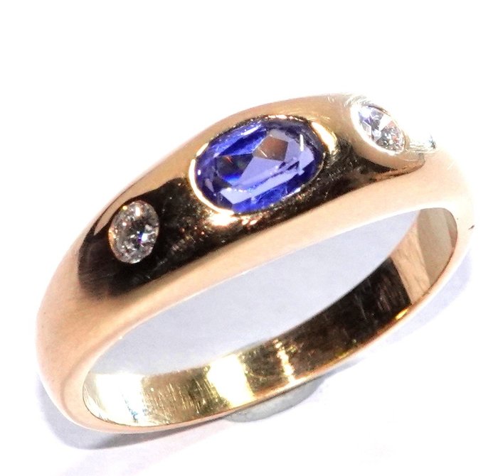 Preview of the first image of Free Resizing - 18 kt. Yellow gold - Ring, Set - 0.45 ct Tanzanite - Diamonds.