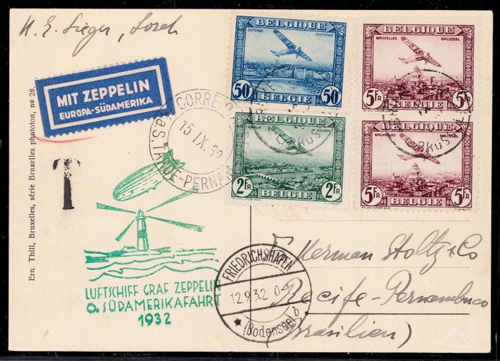 Belgien 1932 - Luftschiff Graf Zeppelin, 8.9.1932, 6. Südamerikafahrt. Karte Zuleitungspost Belgien - Sieger 177