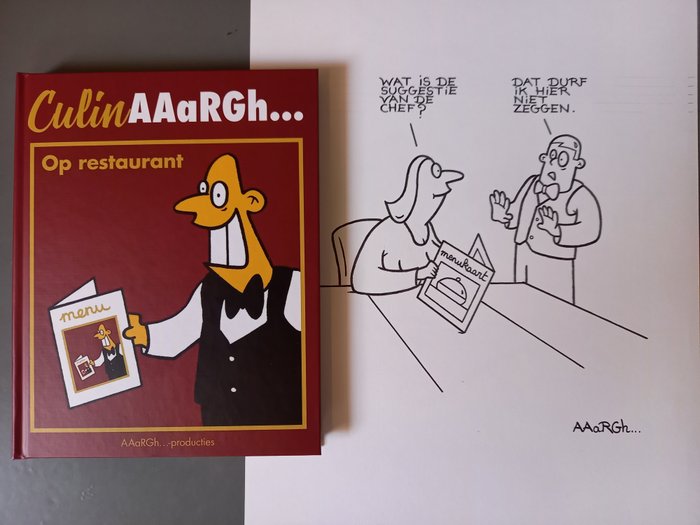 AAaRGh... (Mario De Koninck) - Originele cartoon tekening + album met dédicace - CulinAAaRGh... op restaurant - (2021)