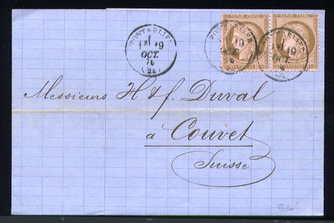 Frankrijk 1876 - Rare lettre de Pontarlier pour le Suisse au Tarif Frontalier - Signé Calves