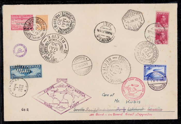 German Empire 1930 - “Graf Zeppelin” Europe Pan America tour. The rare multi-stage letter - Sieger 64R