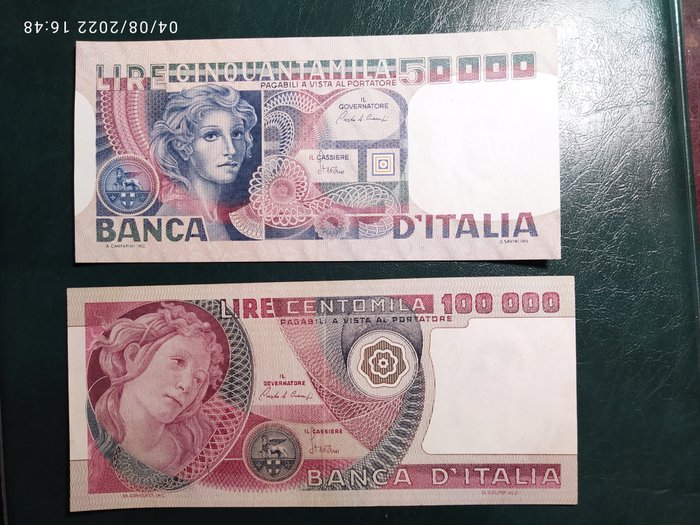 Italië - 50.000 + 100.000 Lire 1980 "Botticelli" e "Volto di donna" - Gigante 79D, 83D; Pick 107, 108b