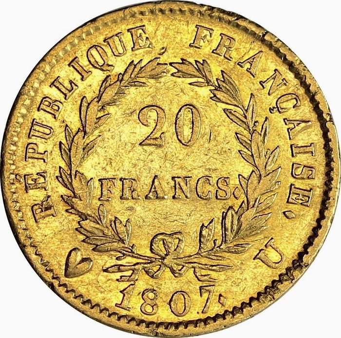 Italië, Koninkrijk Italië (Napoleontisch). Napoléon I (1804-1814). 20 Francs 1807 Torino