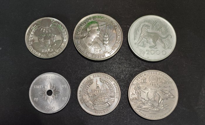 India, Indonesia, Laos. Lot comprising 6 coins. 1952/1996