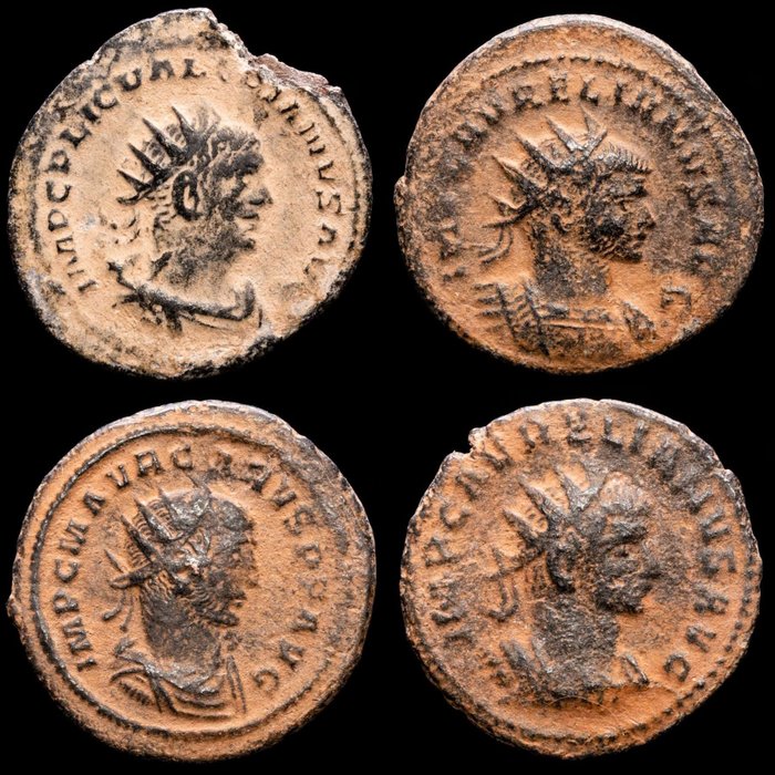 Roman Empire. Lot comprising four (4) coins:. Æ, Valerian I (253-260 A.D.) Aurelian (270-275 A.D.) (2) Carus (AD 282-283.) Antoninianus,  Varius mint.