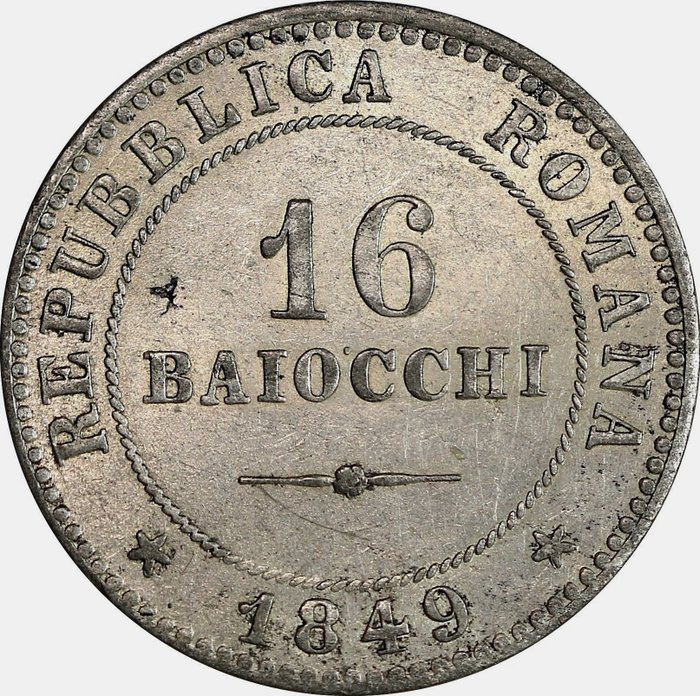 Italy, Second Roman Republic. 16 Baiocchi 1849, Zecca Roma. A151