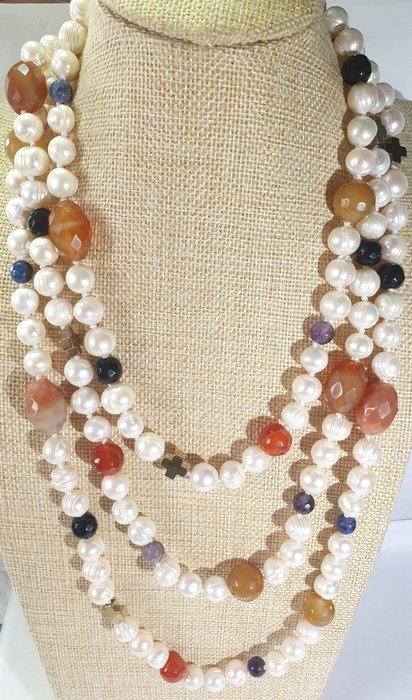 Freshwater pearls, gems and Greek cross necklace - gold plated 925 silver brooch - hematite, for sale  