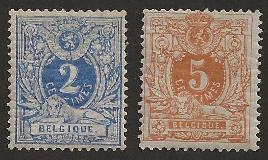 Belgique 1880 - Lying lion with numeral - 2c intense blue and 5c ochre-red - Perforation 14 - Centred - OBP/COB 27B en 28B