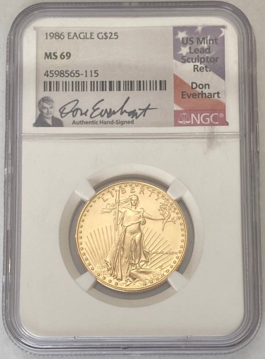 États-Unis. 25 Dollars 1986  American Eagle - Don Everhart (Hand Signed) - NGC - MS69