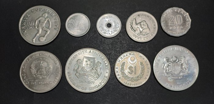 Asia. Lot of 9 Coins comprising 2 silver coins. 1953/1996 various countries