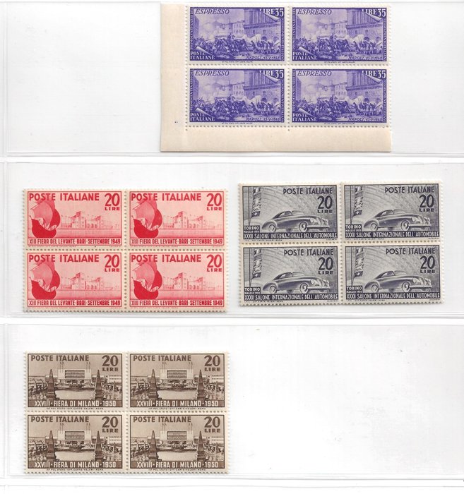Italië 1948/1953 - Stock of blocks of four of the period, wheel watermark - Sassone 2020