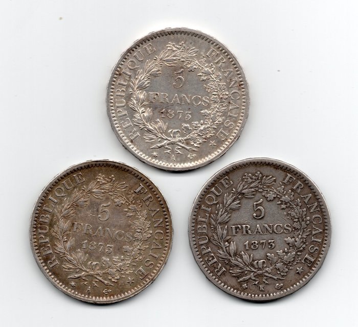 France. Third Republic (1870-1940). Lot de 3 monnaies en argent - 5 Francs Hercule 2x 1873-A, Paris et 1x 1873-K, Bordeaux