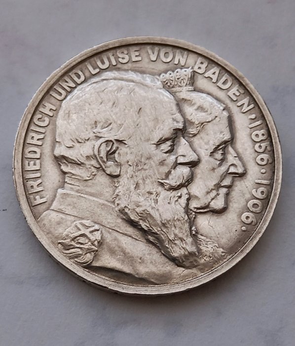 Germany, Empire, Baden. Friedrich I. (1852-1907). 5 Mark 1906. Zur Goldenen Hochzeit des großherzoglichen Paares am 20. September.