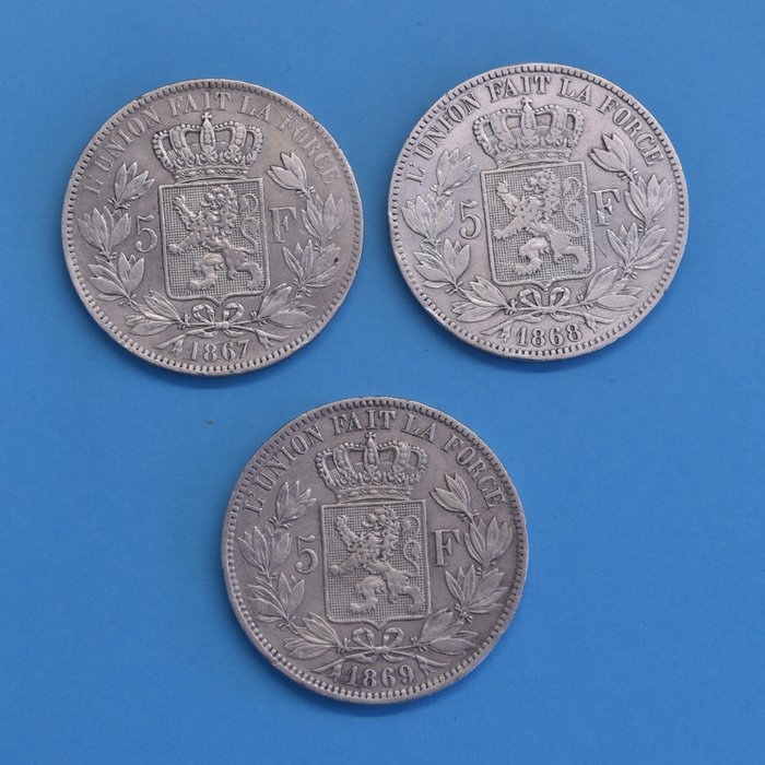 Belgium. Leopold II (1865-1909). 5 Francs 1867, 1868 en 1869