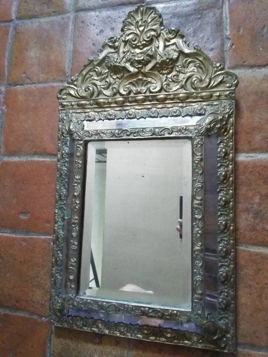 Preview of the first image of Flower screen mirror - spun metal, glass, wood - Second half 19th century.