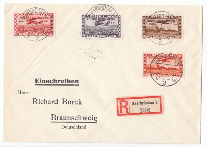 Territory of the Saar Basin 1934 - Airmail stamps “Popular Referendum” with overprint on beautiful registered cover - Michel-Nr. 195-198