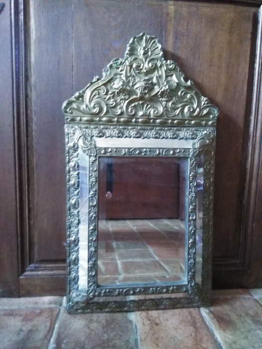 Image 2 of Flower screen mirror - spun metal, glass, wood - Second half 19th century