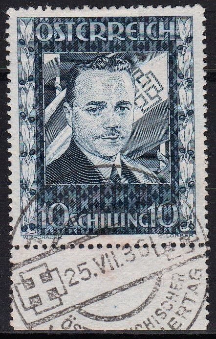 Austria - 1936, 25 July. Engelbert Dollfuß with lower margin of the sheet used on the first day. - MiNr. 588 -ANK 588