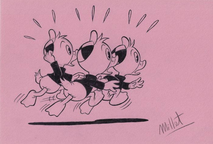 Huey, Dewey & Louie Duck running - Millet - Original drawing - Size: 23 x 34 cm