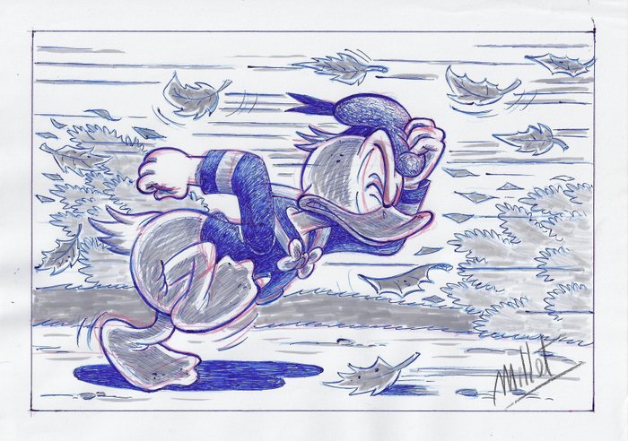Donald Duck - Running against the Wind - Original Signed Sketch Drawing by Millet