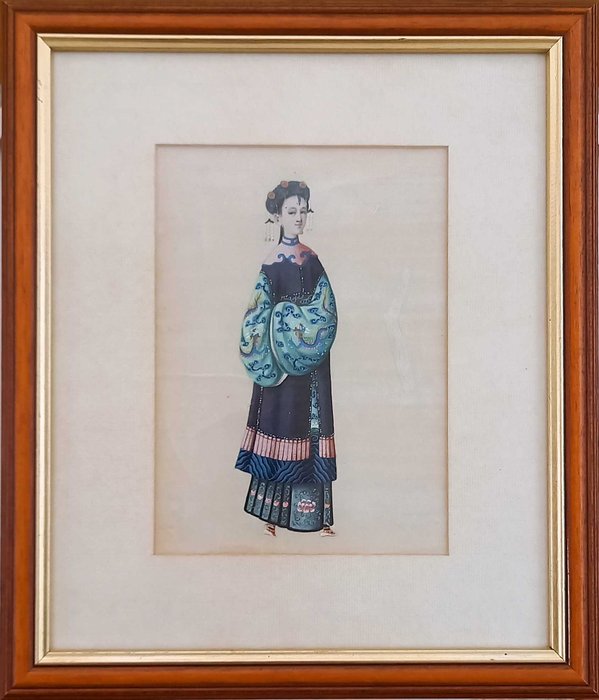 Rice paper painting, Framed watercolor of special quality - Watercolour - noblewoman - China, South Canton - 19th century