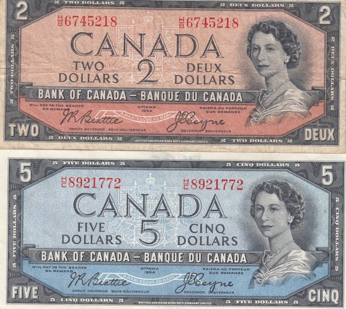 Canada - 2 and 5 Dollars 1954 - Devil's face - Pick 67b, 68b