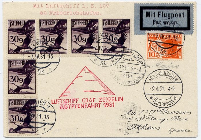 Oostenrijk 1931 - Zeppelin LZ 127 : Zeppelin LZ 127 : Ägyptenfahrt - Egypt flight : post card to Athens - Michel 164 - Sieger 104