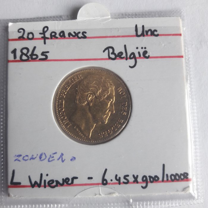 Belgium. Leopold I (1831-1865). 20 Francs 1865