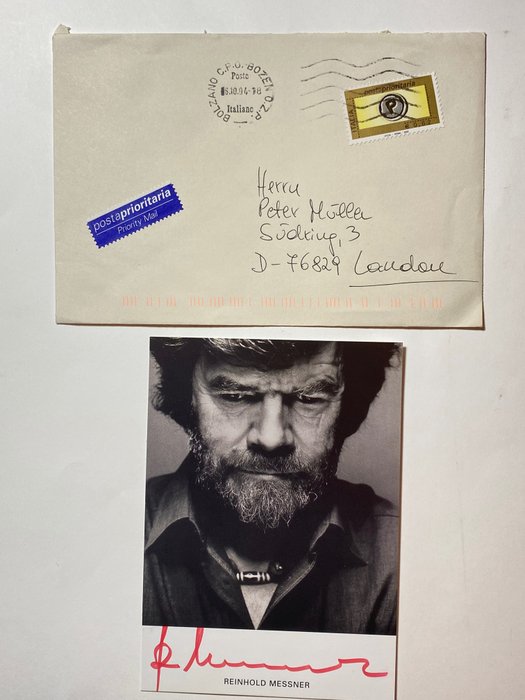 Reinhold Messner, Extrembergsteiger - Eigenhändig signiertes Portrait mit Briefumschlag - 2004