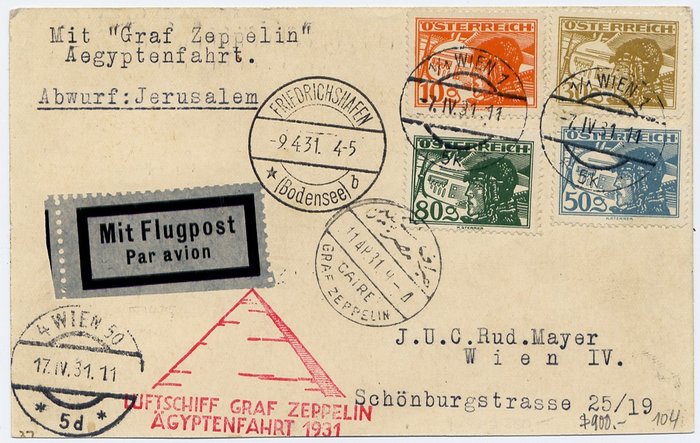 Austria 1931 - Zeppelin LZ 127 : Zeppelin LZ 127 : Ägyptenfahrt - Egypt flight : post card to Wien - Michel 164 - Sieger 104