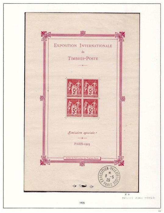 Frankreich 1925 - Block N°1 International philatelic exhibition in Paris, mint** NMH ++ Signed. - Cachet témoin de l'Expo du 8-5-1925