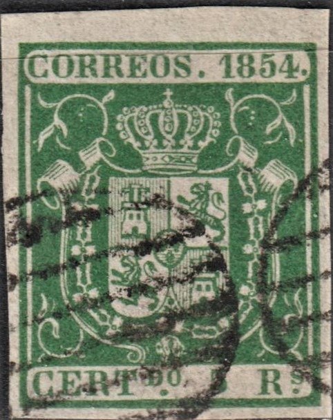 Spain - 1854 - Coat of arms of Spain - 5 r. green - Edifil 26